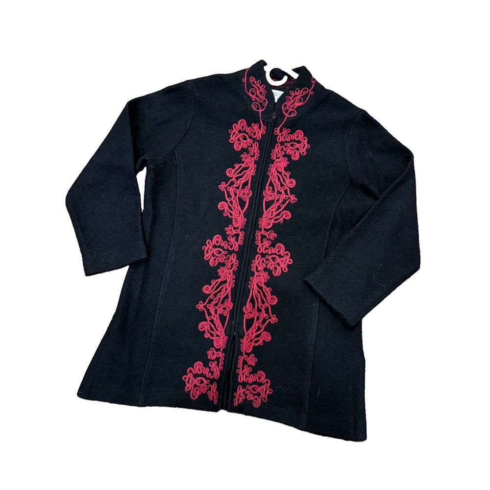 Coldwater Creek 1X Boiled Wool Christmas Black Red Embroidered Zip Up Jacket XL
